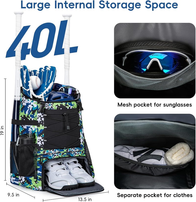 KAVIGOR Baseball Bag for Youth and Adult, Softball Backpack 40L Large Capacity, Bat Backpack with Shoes Compartment and Hidden Helmet Holder - Image 3